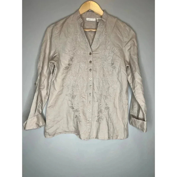 Tweed Tops - Tweed button down pullover top embroidered button down 100% linen size Medium